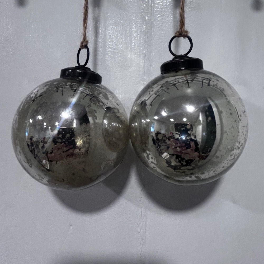 Vintage Mercury Glass Ball Ornaments Distressed Silver Set of 2 3 Inch